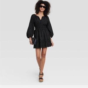 Universal Thread | Black Eyelet Summer Mini Dress 3/4 Puffy Sleeve Size M